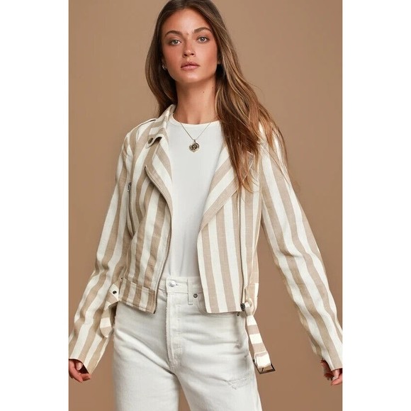 Lulu’s Vacation Signature Taupe and Ivory Striped Belted Moto Jacket Large NEW - Picture 10 of 14